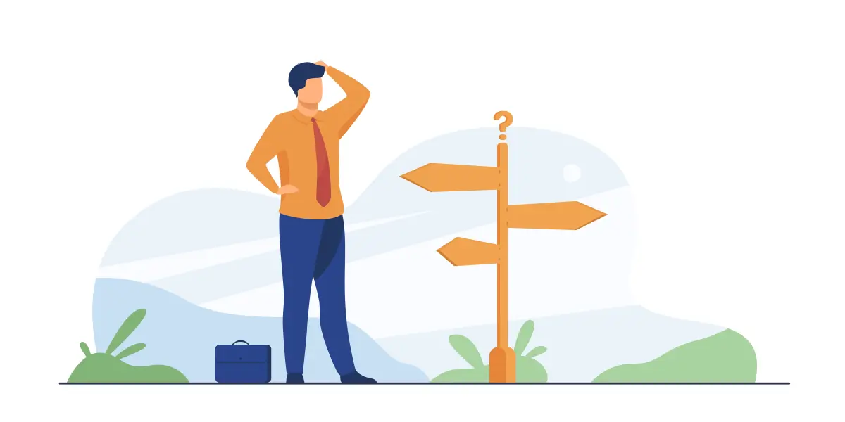 Illustration eines Mannes im Anzug mit Krawatte, der nachdenklich vor einem Wegweiser mit mehreren Richtungspfeilen und einem Fragezeichen steht. Der Hintergrund zeigt eine stilisierte Landschaft mit grünen Pflanzen.