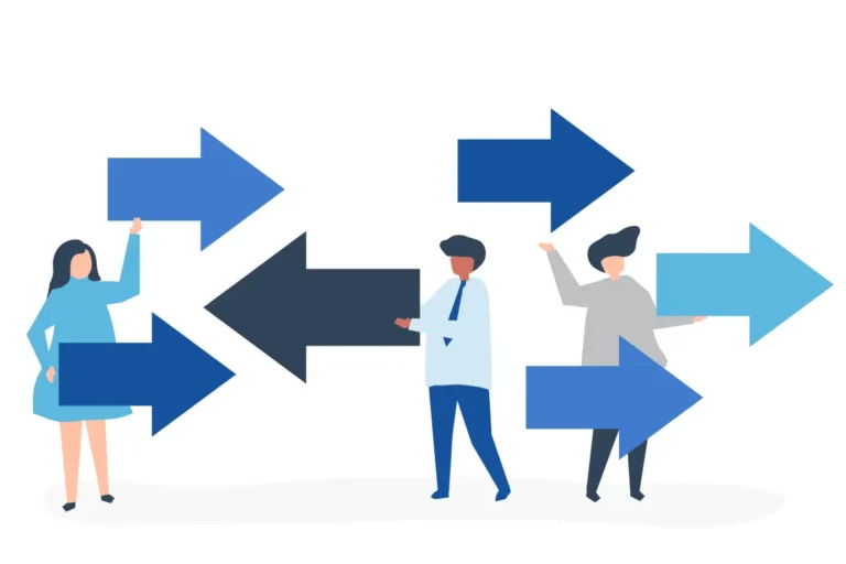Illustration von drei Personen, die mit Pfeilen in verschiedenen Richtungen interagieren. Symbolisiert Entscheidungsfindung, Wege und berufliche Entwicklung.