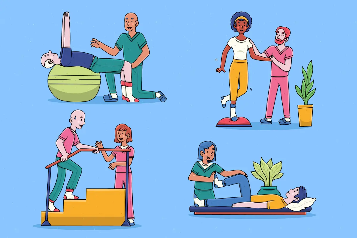 Eine Illustration, die verschiedene physiotherapeutische Übungen zeigt. In vier Szenen unterstützen Therapeuten Patienten bei Übungen mit einem Gymnastikball, einem Balance-Board, beim Gehen auf einer Treppe mit Geländer sowie bei einer Dehnübung auf einer Matte.