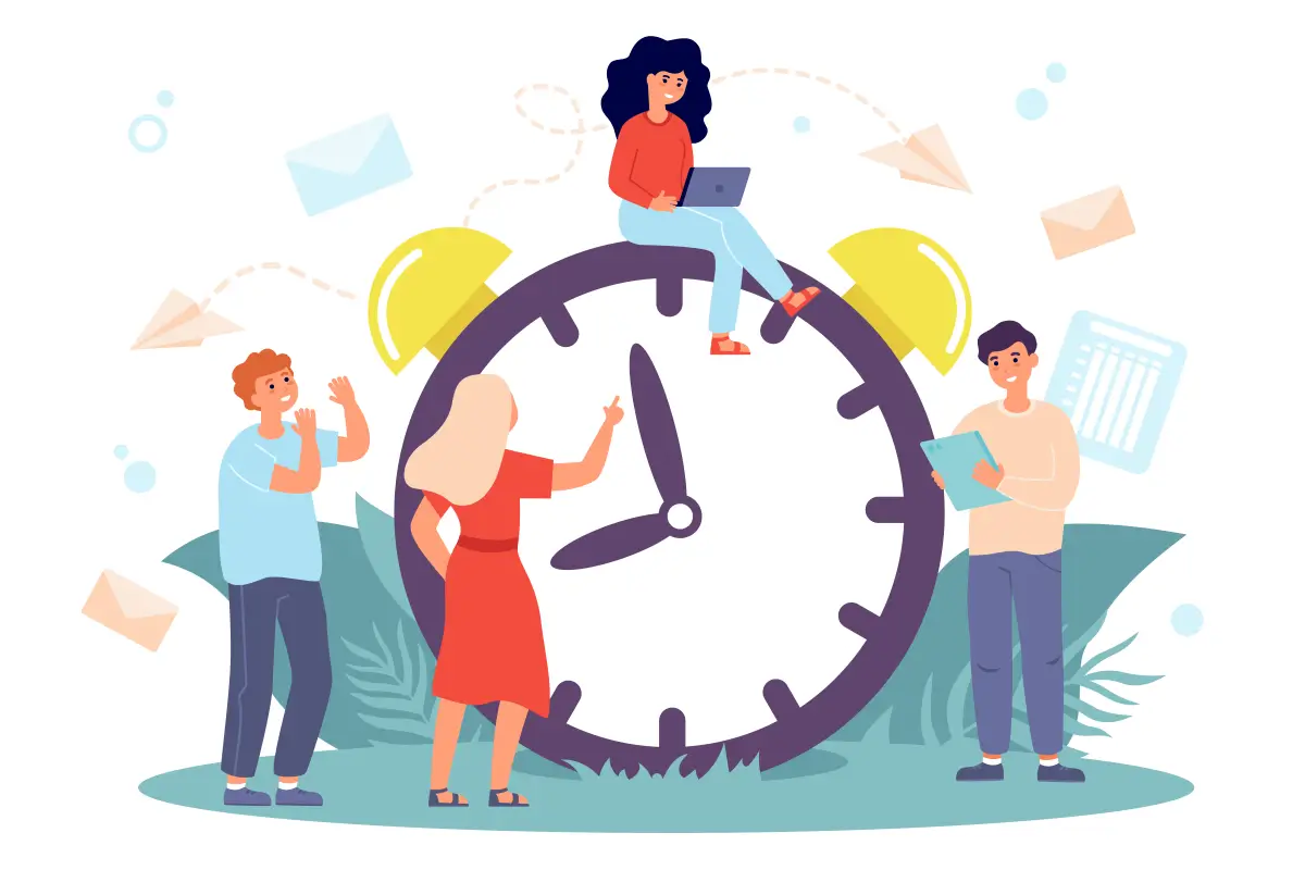 Menschen arbeiten gemeinsam vor einer großen Uhr, um Zeitmanagement und Teamarbeit zu symbolisieren.