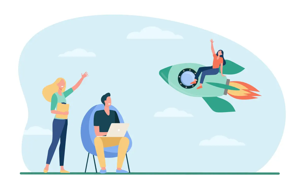 Illustration: Glückliche Frau sitzt auf einer Rakete und winkt ihren Kollegen – symbolisiert Erfolg und Motivation.