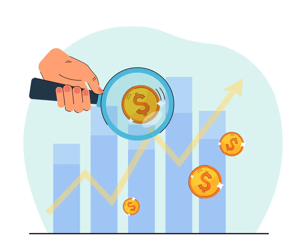 Illustration einer Hand mit Lupe, die auf eine wachsende Finanzkurve mit Münzsymbolen zeigt, symbolisiert steigende Gewinne oder finanzielle Analysen.
