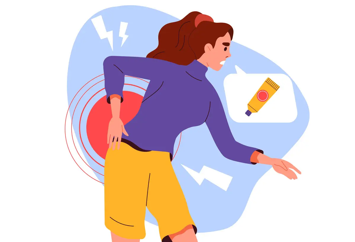 Eine Illustration einer Frau mit Rückenschmerzen, die sich nach einer Schmerzlinderungscreme ausstreckt. Der rote Kreis auf ihrem unteren Rücken und die Blitze symbolisieren Schmerzen oder eine ISG-Blockade.