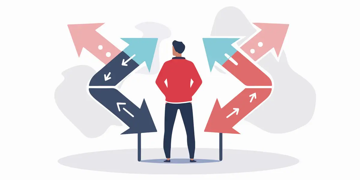 Eine Illustration zeigt eine Person von hinten, die vor einer Vielzahl von Pfeilen steht, die in verschiedene Richtungen zeigen. Die Pfeile sind in verschiedenen Farben wie Rot und Blau gehalten und symbolisieren mögliche Entscheidungen oder Wege, die die Person einschlagen kann.