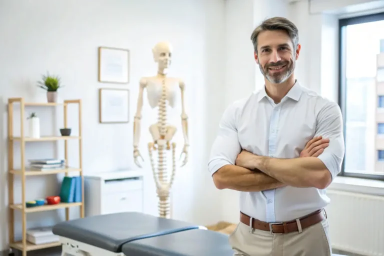 Ein lächelnder Mann in einem professionellen Umfeld steht mit verschränkten Armen vor einer Behandlungsliege. Im Hintergrund ist ein menschliches Skelettmodell sowie ein Regal mit Büchern und Dekorationen zu sehen. Die Szene vermittelt eine freundliche und kompetente medizinische oder therapeutische Atmosphäre.