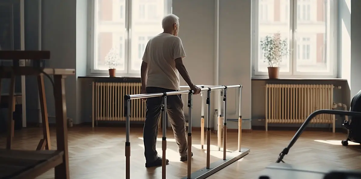 Ein älterer Mann geht vorsichtig mit Unterstützung eines Gehtrainers durch einen hellen Therapieraum. Durch die großen Fenster fällt natürliches Licht, und im Hintergrund stehen Pflanzen und klassische Heizkörper. Der Raum wirkt ruhig und unterstützt eine konzentrierte Atmosphäre für die Rehabilitation.