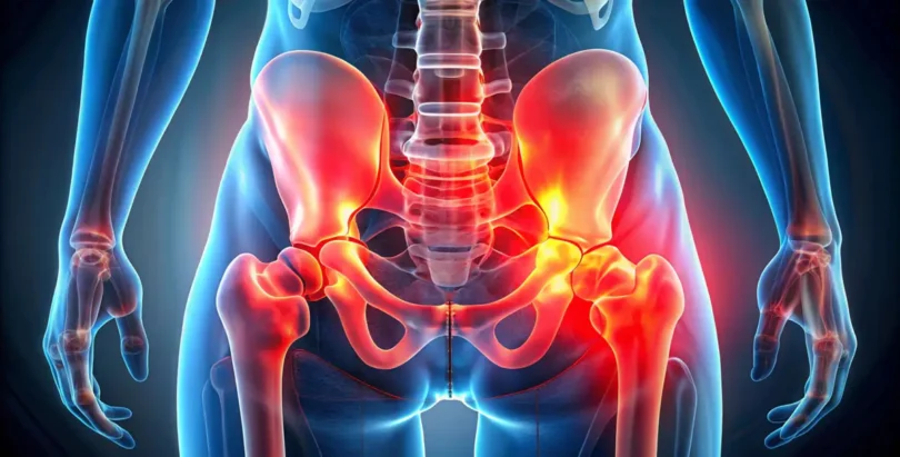 Eine anatomische 3D-Darstellung des menschlichen Beckens und der unteren Wirbelsäule mit hervorgehobenen Iliosakralgelenken (ISG). Die rot leuchtenden Bereiche zeigen schmerzhafte oder entzündliche Stellen, die auf eine ISG-Blockade oder Gelenkprobleme hinweisen.