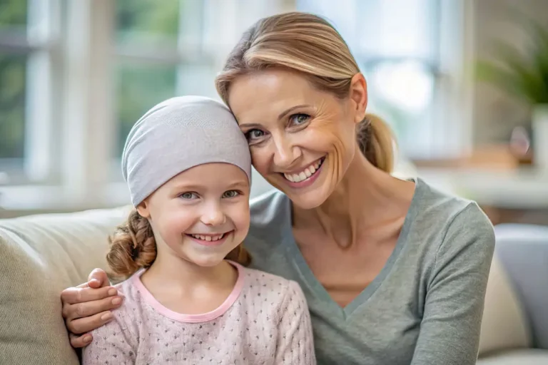 Ein fröhliches kleines Mädchen mit einer grauen Mütze sitzt neben einer lächelnden Frau auf einem Sofa. Die Frau legt liebevoll ihren Arm um das Kind. Im Hintergrund ist ein gemütliches Wohnzimmer mit großen Fenstern und Pflanzen zu sehen. Die Szene strahlt Wärme, Geborgenheit und Optimismus aus.