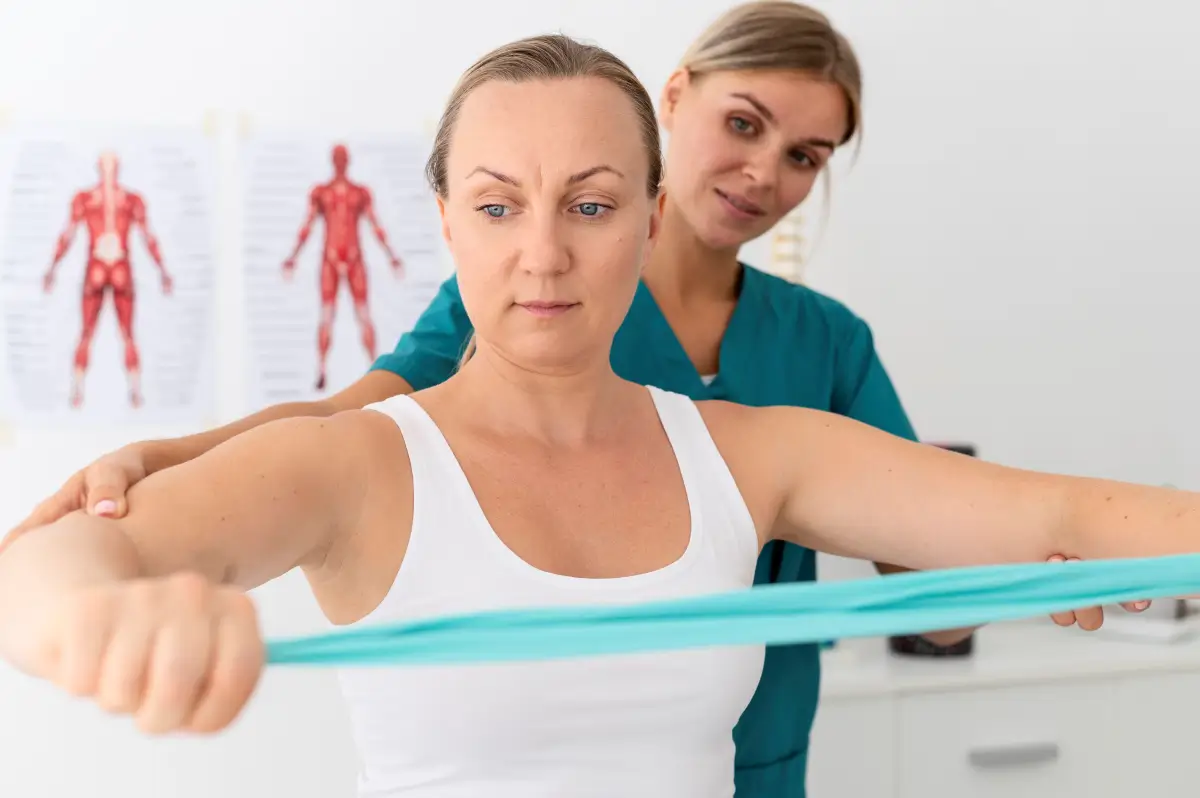 Eine Frau in einem weißen Tanktop führt mit einem elastischen Band Übungen durch, während eine Physiotherapeutin sie in einem hellen Raum mit Anatomiepostern im Hintergrund unterstützt.