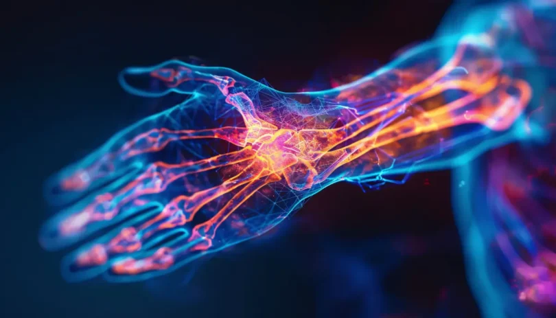 Digitale, neonfarbene Darstellung einer menschlichen Hand mit hervorgehobenen Nervenbahnen und Gelenken, die möglicherweise Schmerzen oder Entzündungen symbolisieren.