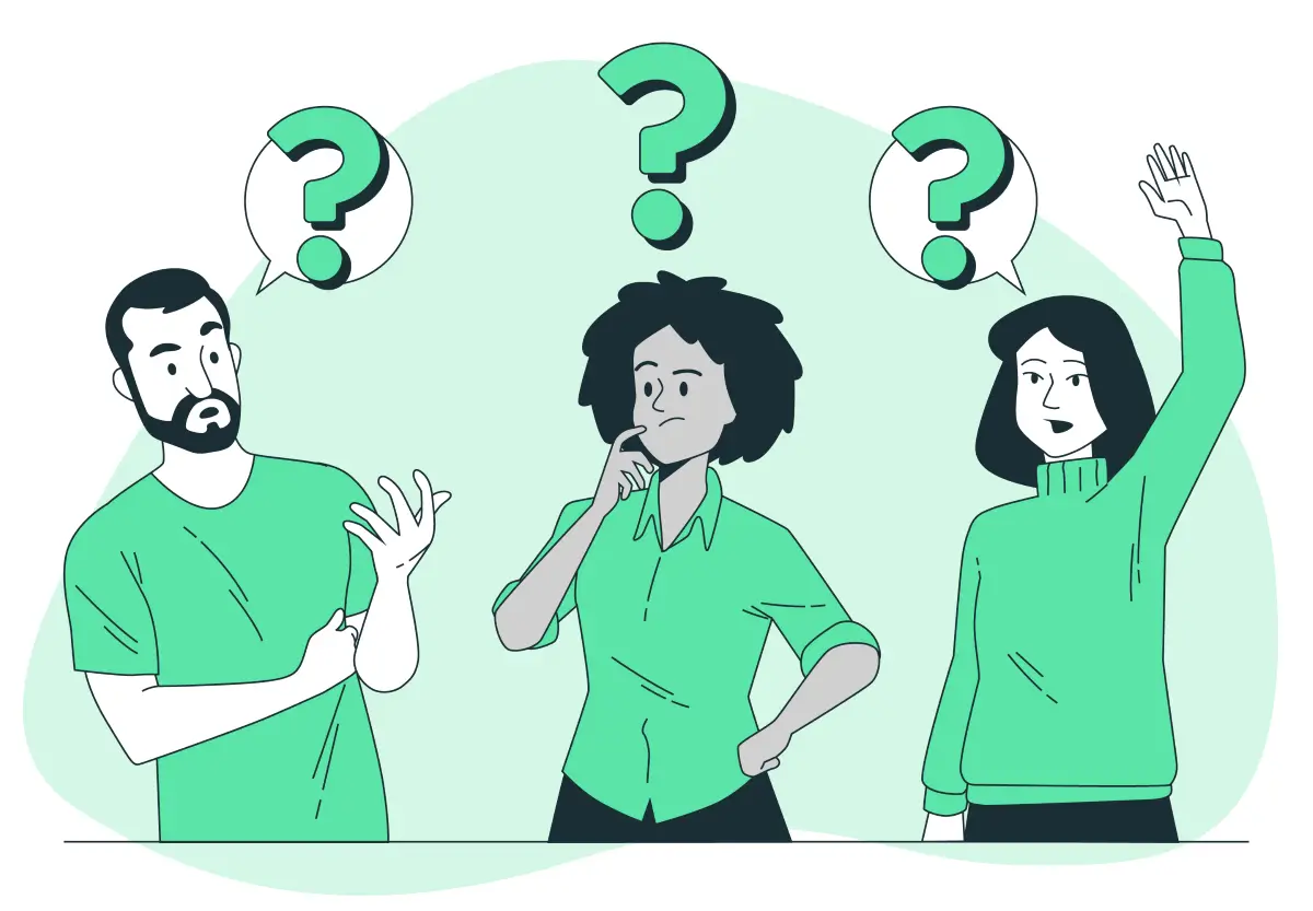 Illustration von drei Personen in grüner Kleidung, die verwirrt oder fragend wirken. Eine Frau hebt die Hand, eine andere Person stützt das Kinn nachdenklich, und ein Mann macht eine erklärende Geste. Über ihren Köpfen sind große Fragezeichen zu sehen.