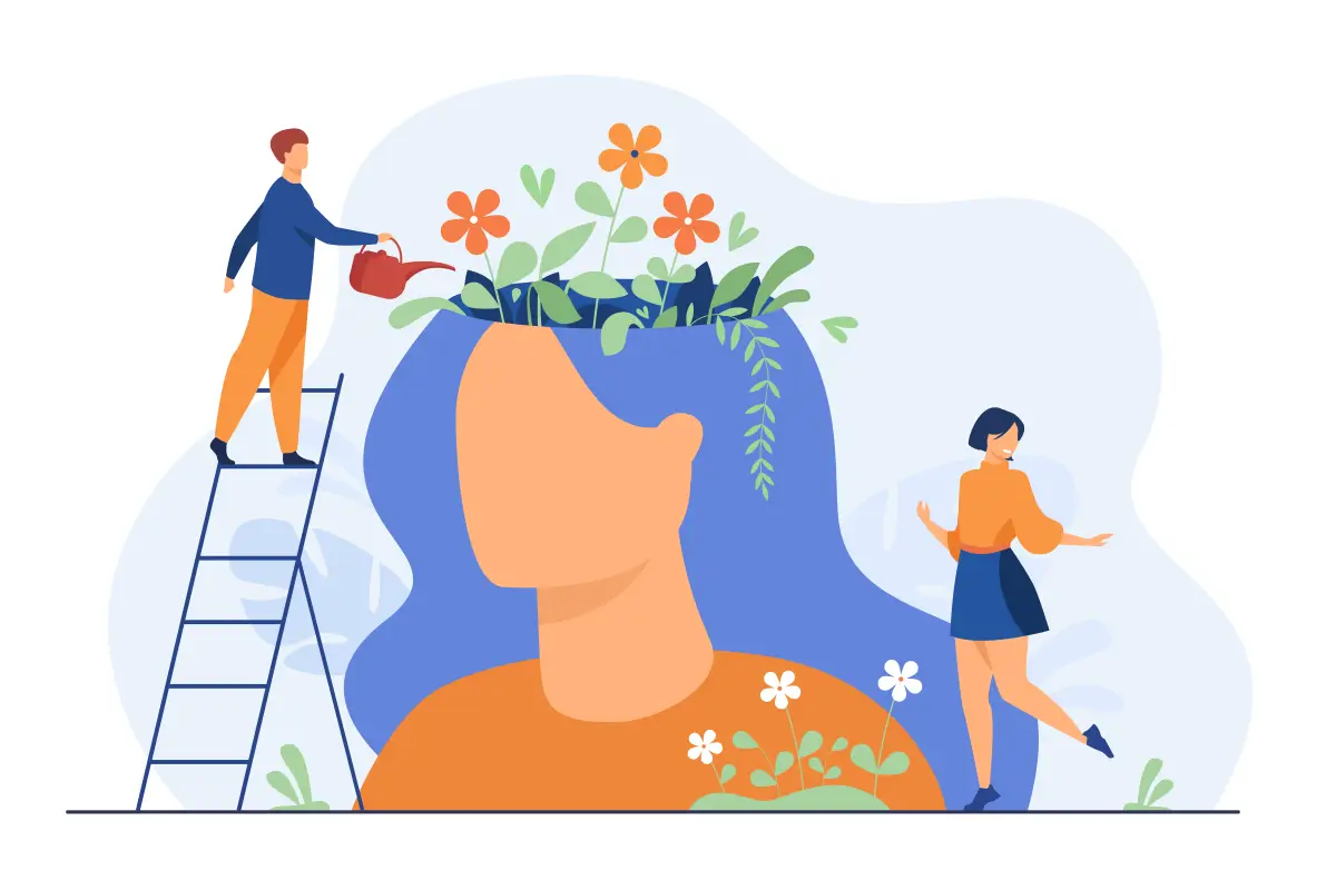 Illustration eines Menschen mit Blumen, Blättern und Pflanzen, die aus dem Kopf wachsen, während eine andere Person sie gießt. Symbolisiert mentale Gesundheit, persönliches Wachstum und Selbstfürsorge.