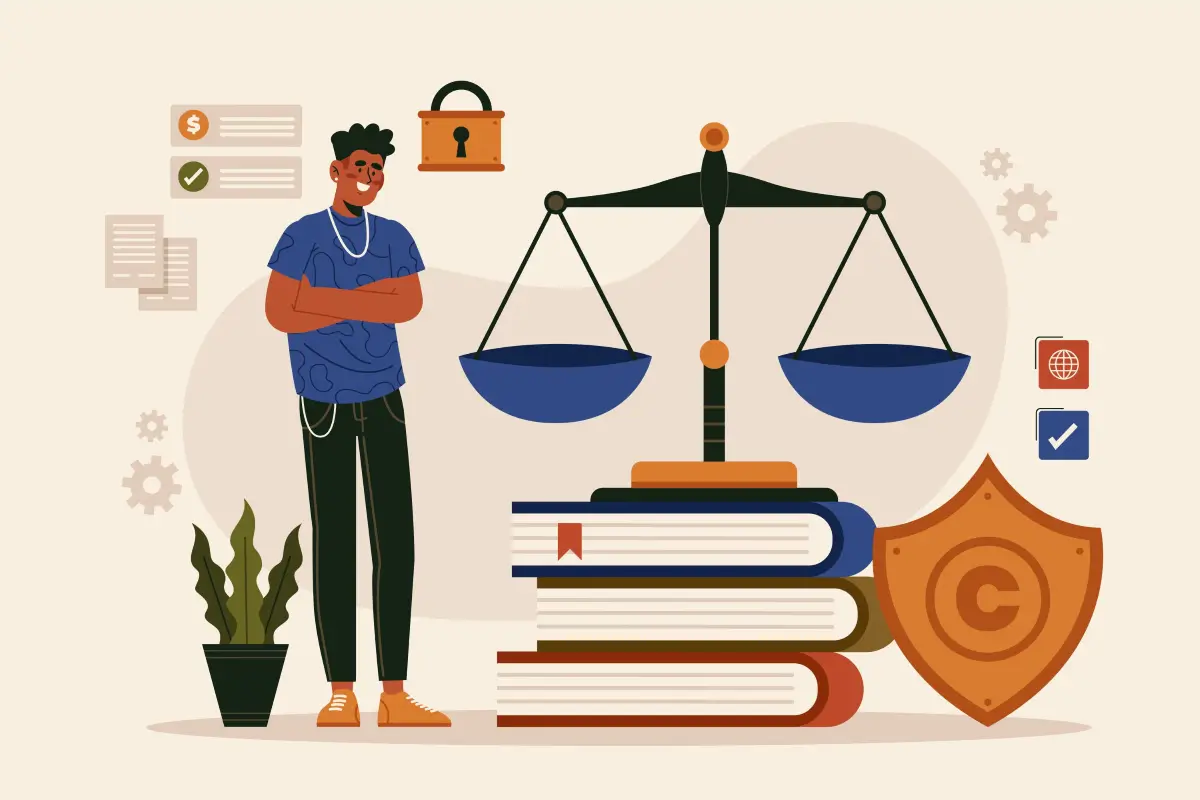 Illustration eines Mannes, der neben einer Waage, Büchern und Symbolen für Datenschutz und Copyright steht, was rechtliche Themen wie Urheberrecht symbolisiert