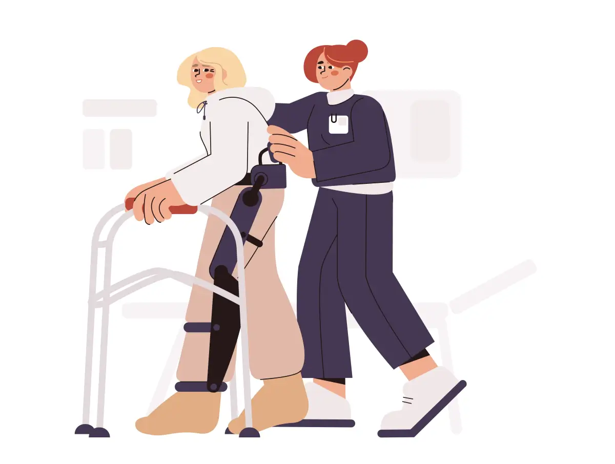 llustration einer Physiotherapeutin, die einer älteren Person mit einer Knieorthese beim Gehen mit einem Rollator hilft. Darstellung von Reha und Unterstützung nach einer Verletzung oder Operation.