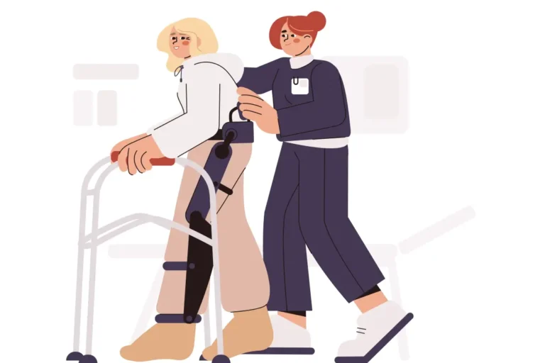 Eine Illustration einer Physiotherapeutin, die einer Frau mit Gehhilfe und Beinorthese beim Gehen unterstützt.