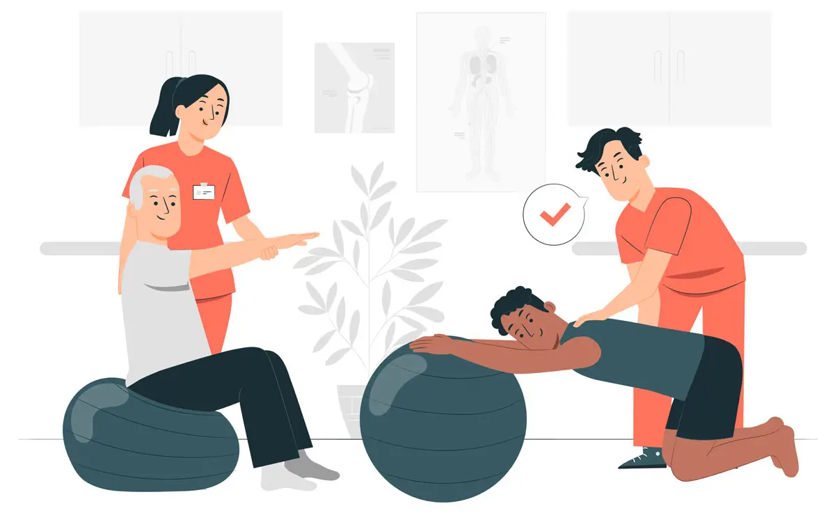 Illustration von Physiotherapie oder Ergotherapie: Ein älterer Mann sitzt auf einem Gymnastikball und erhält Anweisungen von einer Therapeutin, während ein anderer Patient auf einem Gymnastikball liegt und von einem Therapeuten unterstützt wird.