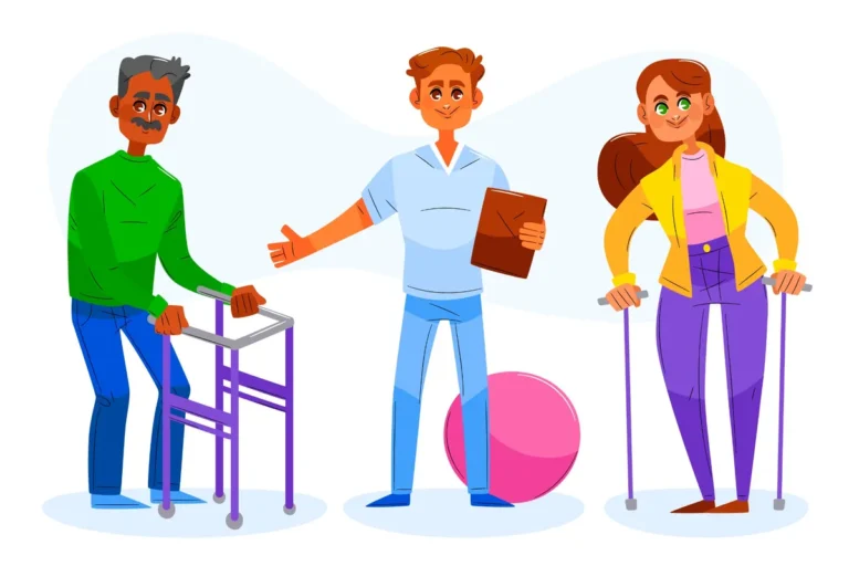 Eine bunte Illustration zeigt einen Physiotherapeuten mit zwei Patienten – ein älterer Mann mit Gehhilfe und eine Frau mit Krücken.