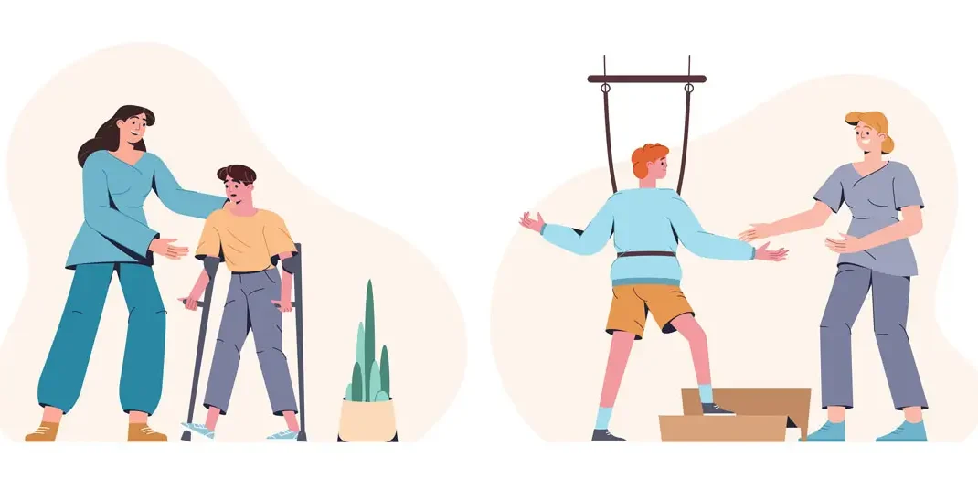 77y_68oj2cheeso30e9edoo30c9e70st141ee0p3abho74 Illustration von zwei Therapiesituationen: Links eine Therapeutin, die einem Kind mit Gehhilfe hilft, rechts eine Therapeutin, die ein Kind in einem Gehtrainingssystem unterstützt.