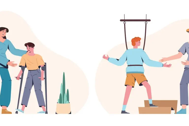 Illustration von zwei Therapiesituationen: Links eine Therapeutin, die einem Kind mit Gehhilfe hilft, rechts eine Therapeutin, die ein Kind in einem Gehtrainingssystem unterstützt.