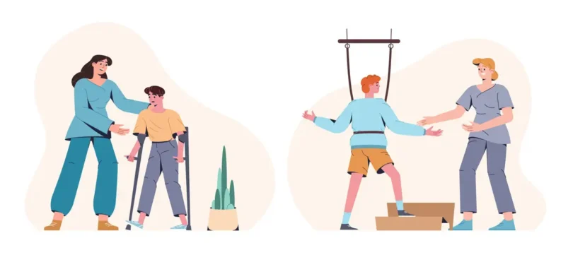 Illustration von zwei Therapiesituationen: Links eine Therapeutin, die einem Kind mit Gehhilfe hilft, rechts eine Therapeutin, die ein Kind in einem Gehtrainingssystem unterstützt.