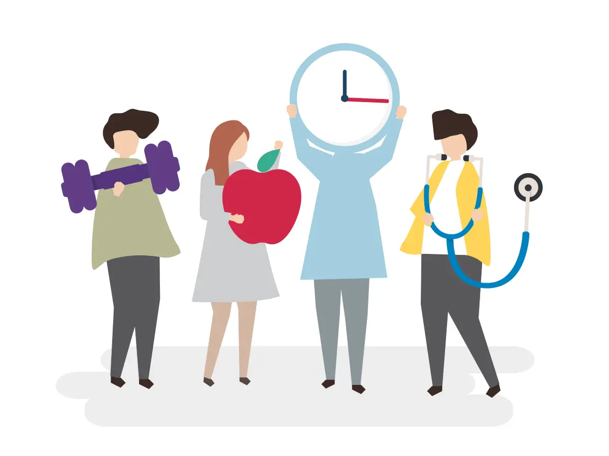 Illustration von vier Figuren, die verschiedene Symbole für Gesundheit und Wohlbefinden halten, darunter eine Hantel, einen Apfel, eine Uhr und ein Stethoskop.