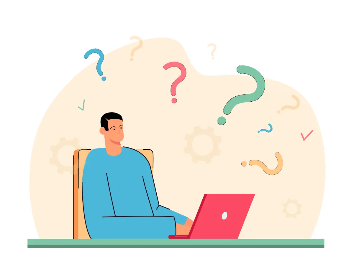 Illustration einer Person, die vor einem Laptop sitzt, umgeben von Fragezeichen, was Unsicherheit oder Verwirrung darstellt.