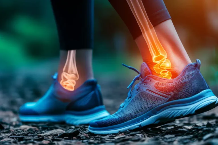 Nahaufnahme von zwei Füßen in Sportschuhen auf einem Waldweg. Eine digitale Illustration hebt die Knochenstruktur des Sprunggelenks hervor, mit einer leuchtenden Markierung auf der rechten Seite, die auf mögliche Verletzungen oder Belastungen hinweist.
