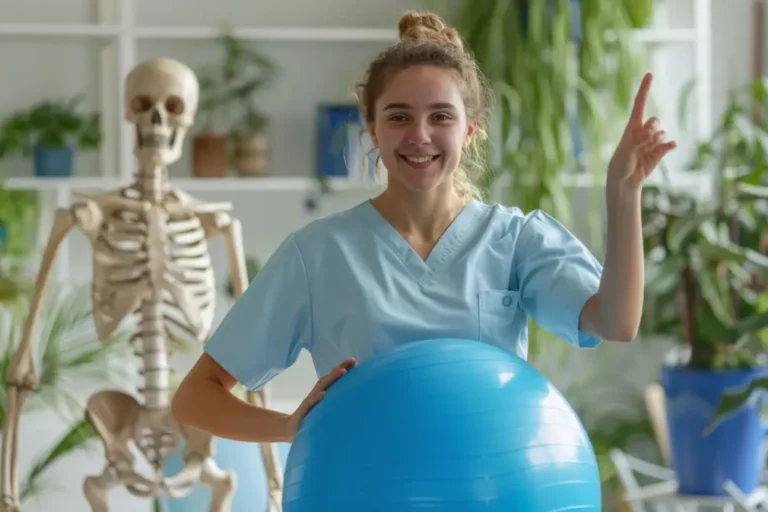 Freundliche Physiotherapeutin in blauer Berufsbekleidung hält einen Gymnastikball, während im Hintergrund ein anatomisches Skelettmodell und grüne Pflanzen zu sehen sind. Die Szene vermittelt eine positive und gesundheitsbewusste Atmosphäre.