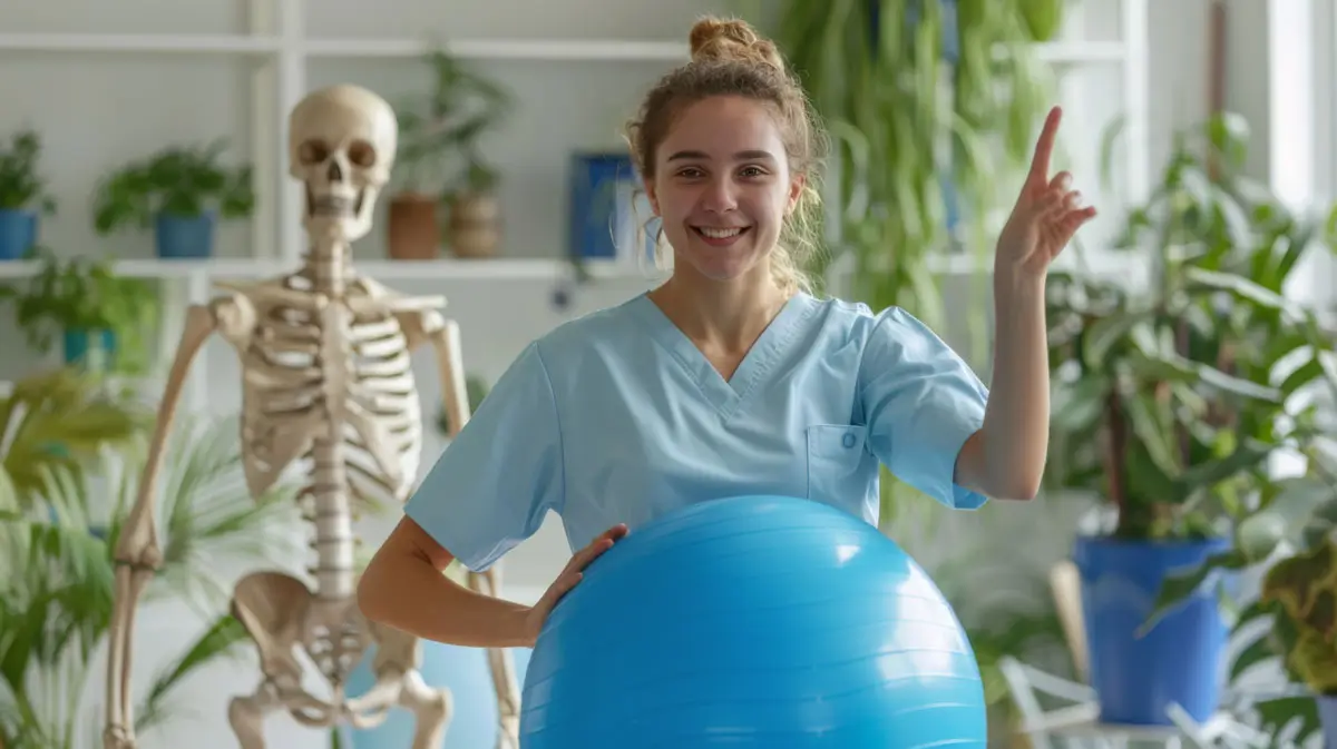 Freundliche Physiotherapeutin in blauer Berufsbekleidung hält einen Gymnastikball, während im Hintergrund ein anatomisches Skelettmodell und grüne Pflanzen zu sehen sind. Die Szene vermittelt eine positive und gesundheitsbewusste Atmosphäre.