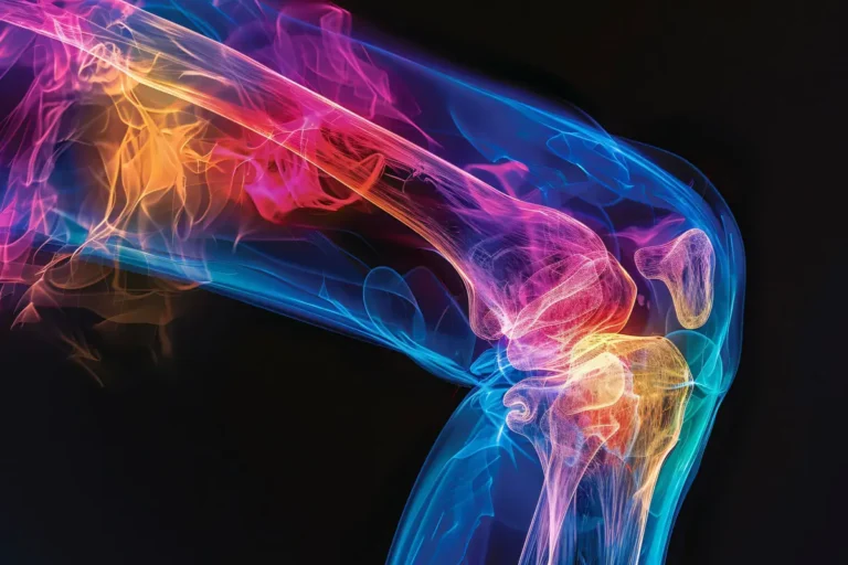 Farbenfrohe digitale Darstellung eines menschlichen Kniegelenks in seitlicher Ansicht, mit leuchtenden Neonfarben, die Knochen und Gelenkstrukturen hervorheben.