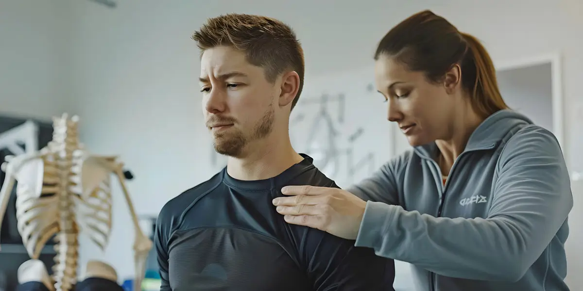 Ein Physiotherapeut behandelt einen männlichen Patienten mit Schulterproblemen. Die Therapeutin legt ihre Hände auf seine Schulter, während er konzentriert in die Ferne blickt. Im Hintergrund ist ein anatomisches Skelettmodell zu sehen, das die medizinische Umgebung betont. 