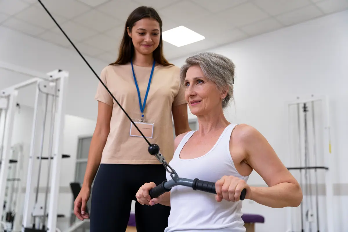 Eine ältere Frau mit grauen Haaren trainiert an einem Zugseilgerät in einem hellen Fitnessraum. Sie trägt ein weißes Tanktop und wirkt konzentriert. Eine junge Therapeutin mit Namensschild und beigem T-Shirt steht daneben und lächelt unterstützend.