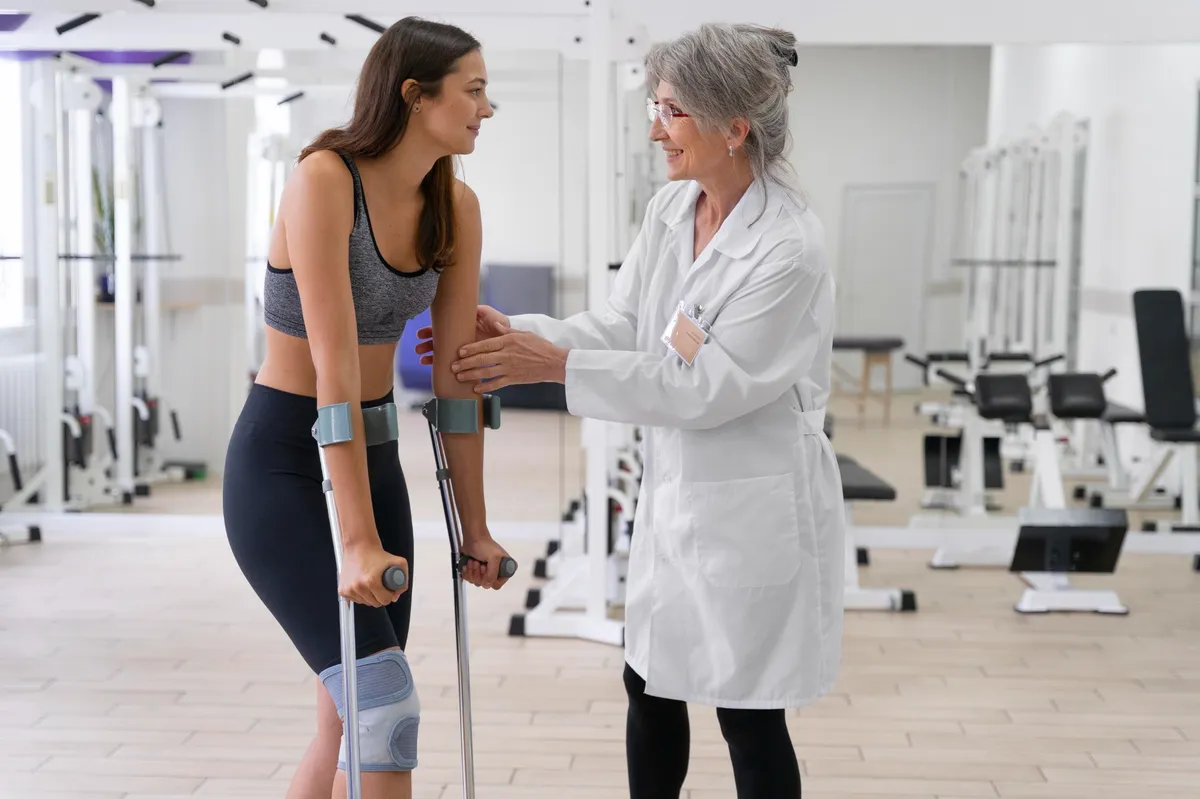 Eine medizinische Fachkraft unterstützt eine Patientin mit Krücken bei einer Physiotherapie-Übung in einem modernen Behandlungsraum.
