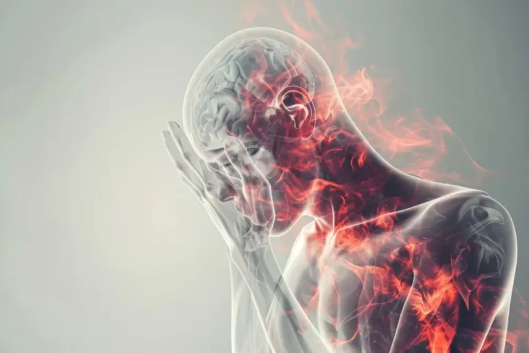 Eine transparente menschliche Figur mit einem sichtbaren Gehirn hält ihren Kopf in den Händen. Rote, feurige Muster breiten sich über den Körper aus, was möglicherweise Schmerz oder Stress symbolisiert.