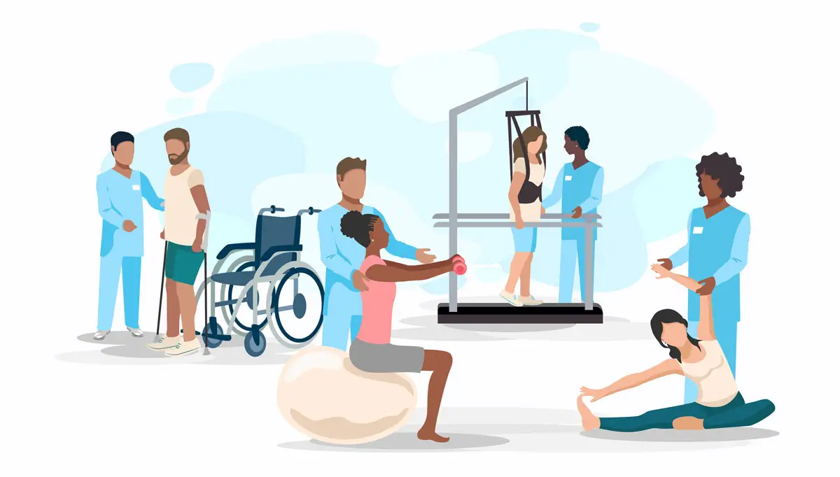 Illustration einer Reha-Klinik mit verschiedenen Therapieszenen: Physiotherapeuten unterstützen Patienten beim Gehen, Training mit einem Gymnastikball, Gehübungen mit einem Haltesystem und Dehnübungen unter Anleitung.