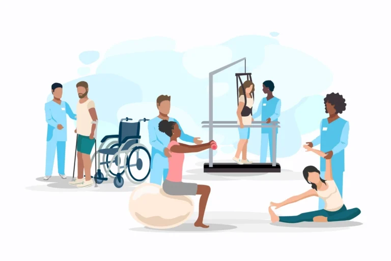 Eine digitale Illustration zeigt verschiedene Reha-Maßnahmen, darunter Physiotherapie, Bewegungstraining und Betreuung durch Fachkräfte.