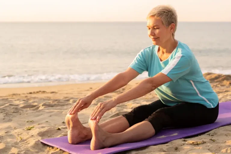 Seniorin in Sportkleidung sitzt auf einer Yogamatte am Strand, streckt sich und genießt die ruhige Atmosphäre am Wasser.