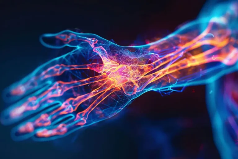 Digitale Illustration einer Hand mit sichtbaren Nerven und Knochen in leuchtenden Blau- und Orangetönen, die Schmerzen im Handgelenk symbolisieren – möglicherweise als Darstellung des Karpaltunnelsyndroms.