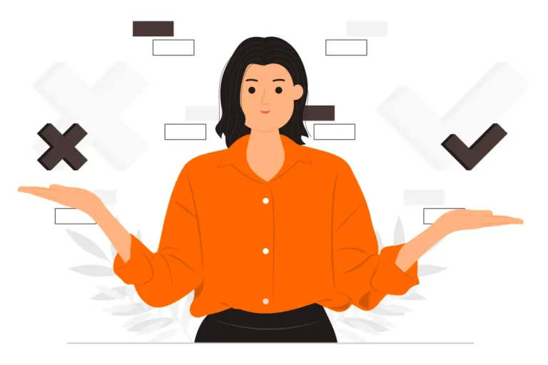 Illustration einer Frau mit einer orangefarbenen Bluse, die mit ausgestreckten Armen Optionen abwägt, dargestellt durch ein Häkchen und ein Kreuz im Hintergrund.