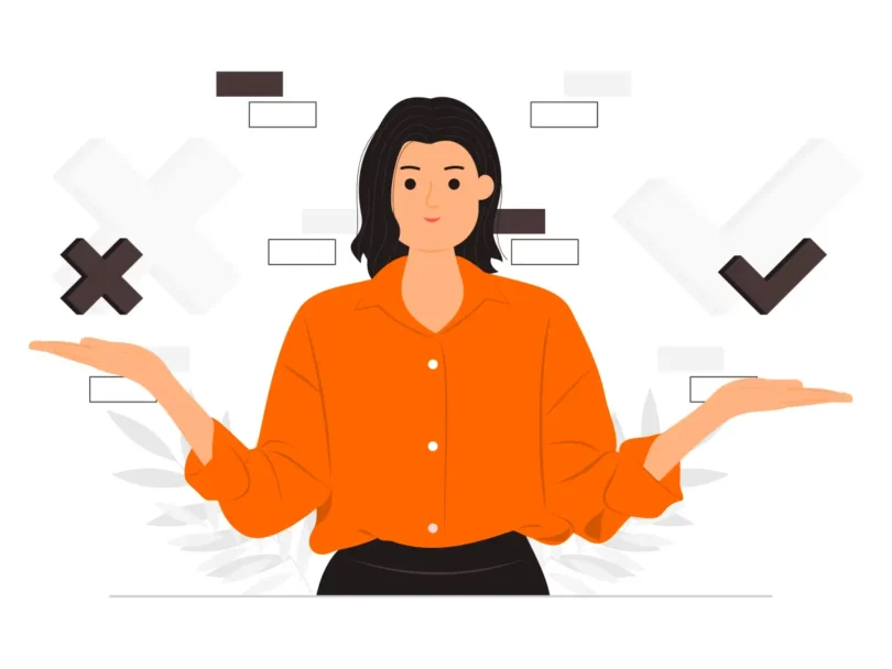 Illustration einer Frau mit einer orangefarbenen Bluse, die mit ausgestreckten Armen Optionen abwägt, dargestellt durch ein Häkchen und ein Kreuz im Hintergrund.