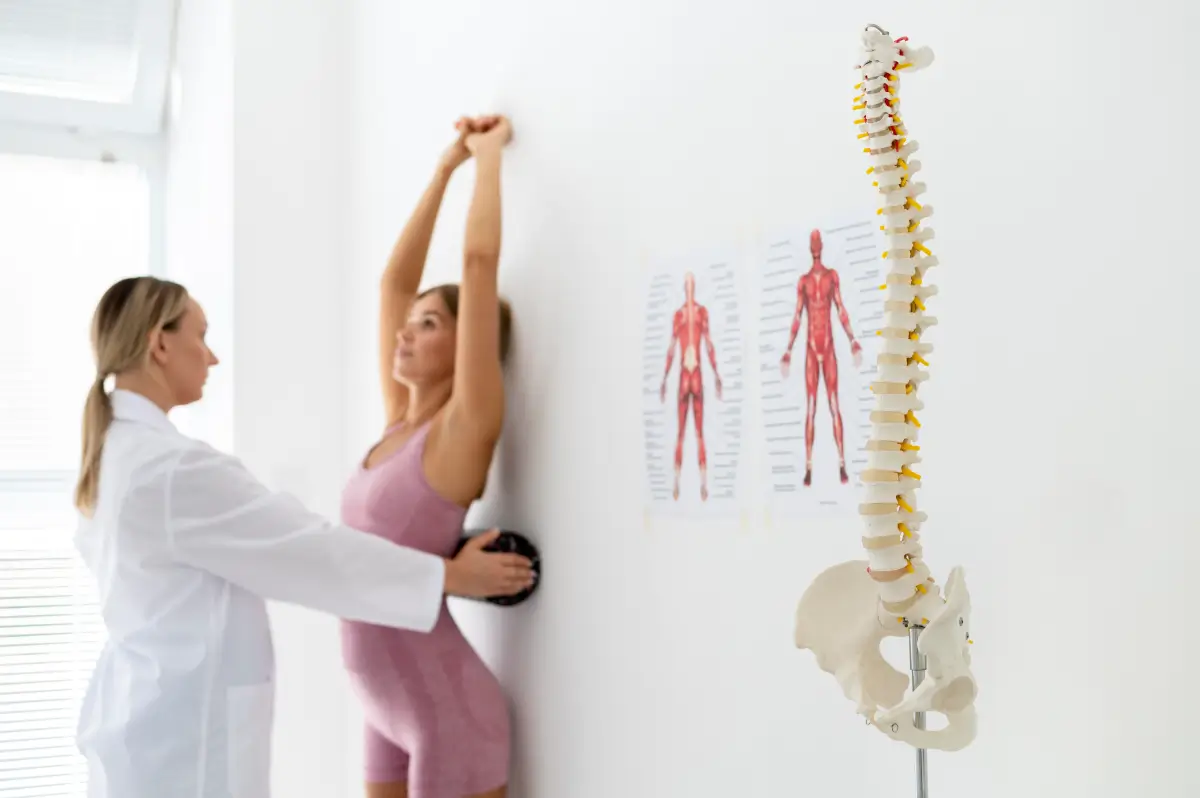 Eine junge Frau in Sportkleidung streckt sich an einer Wand, während eine Physiotherapeutin sie dabei unterstützt. Im Vordergrund ist ein Modell der menschlichen Wirbelsäule sichtbar.