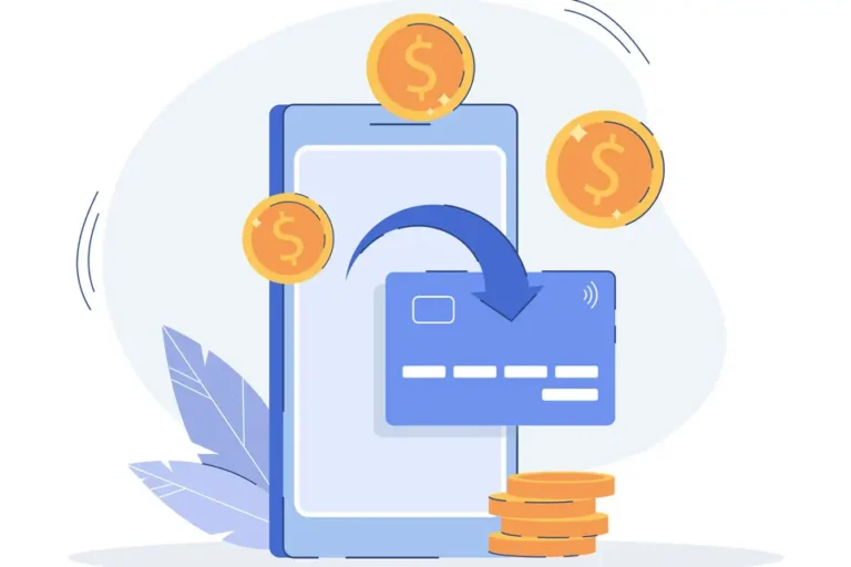 Illustration eines Smartphones mit einer kontaktlosen Zahlungskarte und fliegenden Münzen, die den Geldtransfer oder mobile Zahlungen symbolisieren.