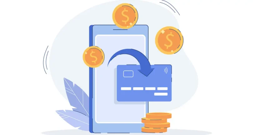 Illustration eines Smartphones mit einer kontaktlosen Zahlungskarte und fliegenden Münzen, die den Geldtransfer oder mobile Zahlungen symbolisieren.