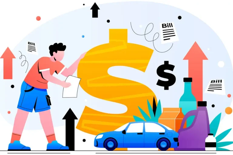 Illustration einer Person, die Rechnungen prüft und die Kosten rund um Mobilität, Fahrzeug und Transport visualisiert.