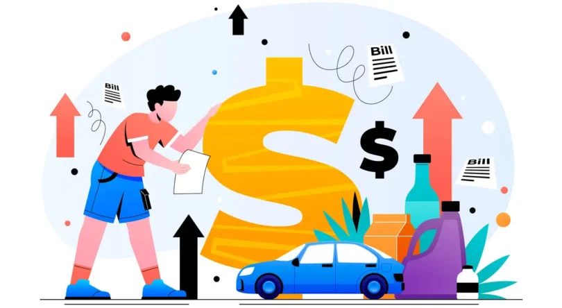 Illustration einer Person, die Rechnungen prüft und die Kosten rund um Mobilität, Fahrzeug und Transport visualisiert.