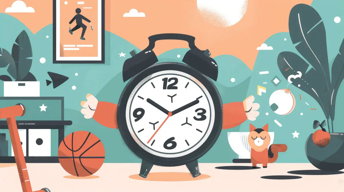 Illustration einer großen Wecker-Uhr mit Armen, die in einer spielerischen Umgebung mit Sportgeräten und einer Katze steht. Die Szene hat einen freundlichen, cartoonartigen Stil.