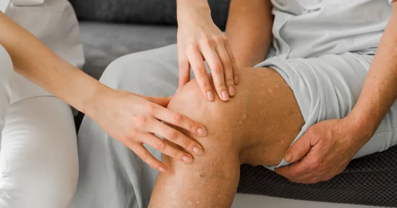 Nahaufnahme einer Physiotherapeutin, die das Knie eines älteren Patienten untersucht und sanft berührt.
