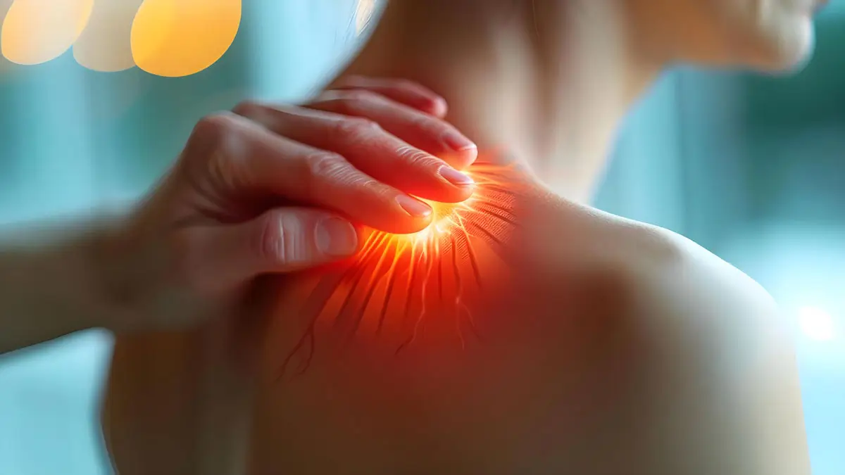 Nahaufnahme einer Person mit Schulterschmerzen. Eine Hand hält die betroffene Stelle, die durch eine leuchtend rote Grafik hervorgehoben ist, um Schmerzen oder Entzündungen darzustellen.