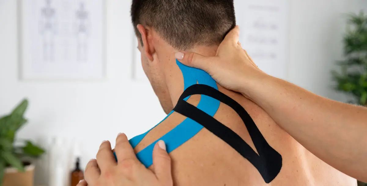 Physiotherapeutin bringt elastisches Kinesio-Tape auf den Nacken und die Schulter eines männlichen Patienten auf, um Verspannungen zu lindern und die Muskulatur zu unterstützen.