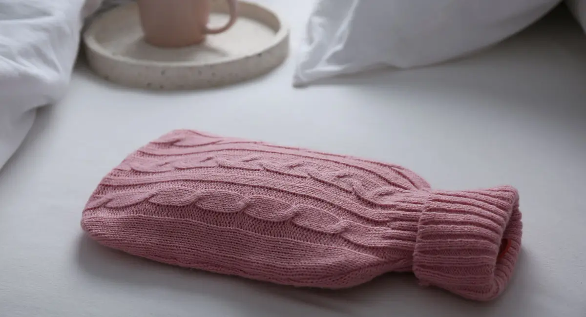„Eine Wärmflasche mit einem gemütlichen, rosafarbenen Strickbezug liegt auf einem Bett, im Hintergrund steht eine Tasse Tee auf einem Tablett.